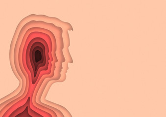 Drawn male multiplied silhouettes on yellow-brown background. Negative space to insert text. Modern design. Contemporary art collage. Concept of inner world, human nature, phycology, mental health.