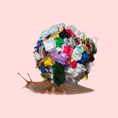 A snail with the big bunch of garbage against trendy coral background. Negative space to insert...