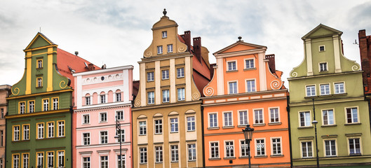 Old colorful buildings on a market square (rynek) in a old town Wroclaw, city with the most colorful Market squares.