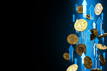 Blue arrows pointing up as Bitcoin (BTC) price rises. Isolated on black background, copy space. Cryptocurrency prices grow concept. 3D rendering