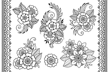 Set of Mehndi flower pattern and seamless border for Henna drawing and tattoo. Decoration in ethnic oriental, Indian style. Doodle ornament. Outline hand draw vector illustration.