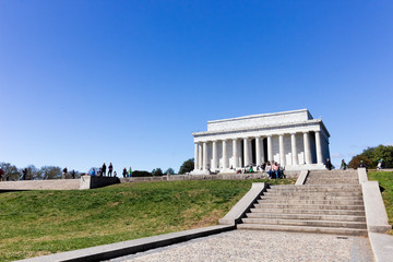 View of the historic Abraham Lincoln Memorial from the ceremonial boulevard of the National Mall,...