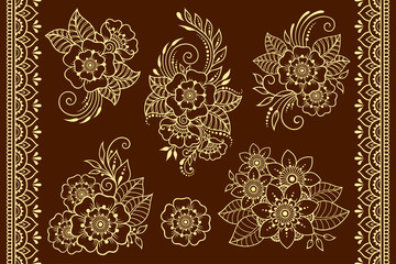Set of Mehndi flower pattern and seamless border for Henna drawing and tattoo. Decoration in ethnic oriental, Indian style. Doodle ornament. Outline hand draw vector illustration.