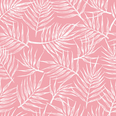 Seamless pattern  with tropical leaves on a pink background.