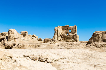 Jiaohe Ruins, Turpan, China. Ancient capital of the Jushi kingdom, it was a natural fortress atop a steep cliff leaf-shaped plateau between two river valleys and is more than 2000 years old