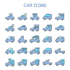 car, truck, camper car icons set, blue theme