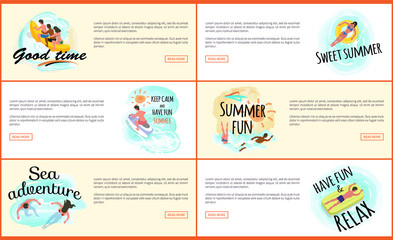 Good time vector, people on vacation, seaside relaxation. Hot summer and sea adventures, saving ring, banana boat riding, male laying on mattress