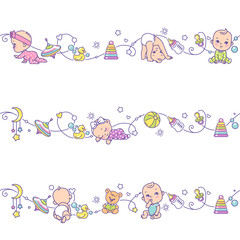 Seamless border  with playing baby boys, girls and toys.