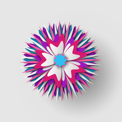 Obraz premium Paper cut origami of flower, colorful blossom ornament with shadow, 3d view of floral symbol, greeting or poster decorated by bouquet, festive vector