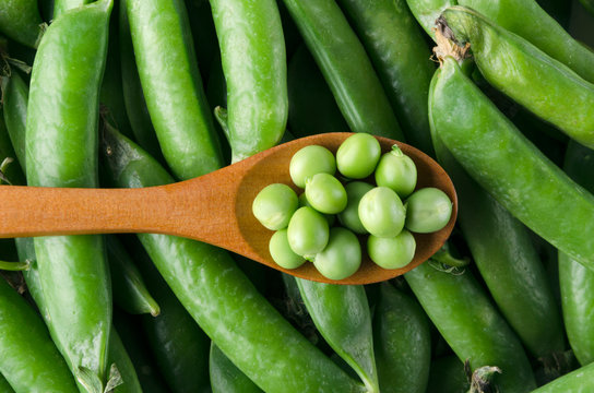 Top view of wooden spoon of green peas on the pile of peas pods, closeup