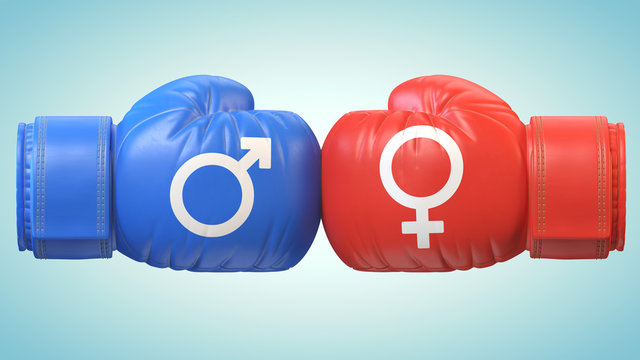 Battle of sexes, man and woman symbol on boxing gloves 3d rendering