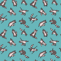 Design seamless pattern with hand drawn raccoon in yoga asana.