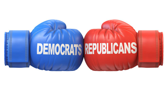Democrats vs. Republicans. Two boxing gloves against each other in colors of Democratic and Republican party, 3d rendering