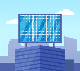 Solar powered blue building in flat style, glossy view of eco equipment on building roof, alternative electric generator, ecological collector vector