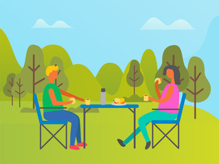 Man and woman eating food prepared on nature vector, couple sitting by table enjoying meal together. Trees and sunny weather, camping and picnic in summer