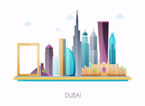 Dubai. Skyline and vector landscape of buildings and famous landmarks.