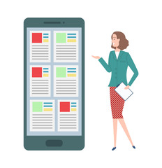 Presentation of new smartphone and data vector, woman with clipboard containing information of business concept and product, presenter lady and phone