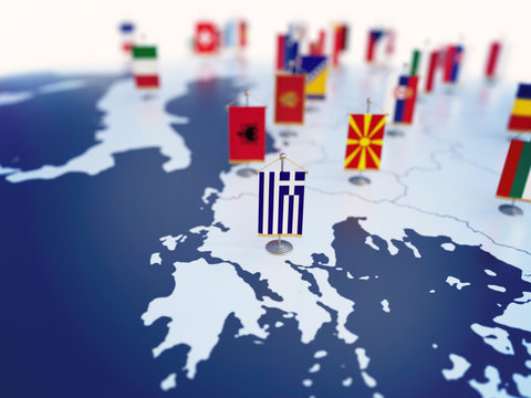 Flag of Greece in focus among other European countries flags. Europe marked with table flags 3d rendering