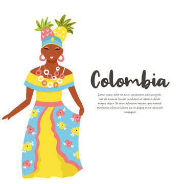 Colombian woman in traditional costume with fruits