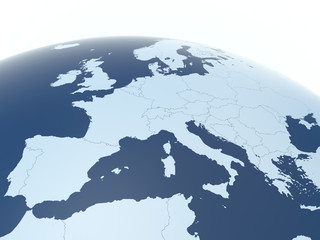 European countries 3d illustration, European continent with visible borders and curvature of the Earth, 3d rendering