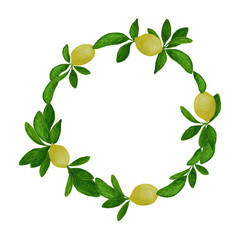 Round summer frame of bright yellow lemons and leaves for card design template