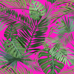 Tropical leaves pattern on pink background. Bright summer pattern