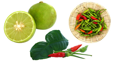 Lemon, chili, lemongrass isolated on white background. This image with clipping path for advertising. Thai herbs, the best materials for cooking healthy Thai food. Healthy food concept.