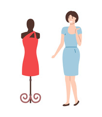 Mannequin with red dress and pretty woman going to by new apparel. Vector dummy with fashionable modern gown and lady in blue isolated, cartoon style