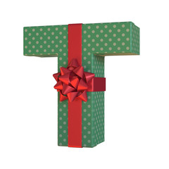 Gift box with red ribbon bow 3d font, present alphabet, letter T