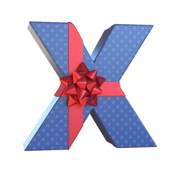 Obraz premium Gift box with red ribbon bow 3d font, present alphabet, letter X