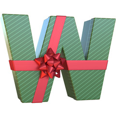 Gift box with red ribbon bow 3d font, present alphabet, letter W