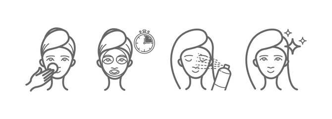 Beauty treatment icons set, face mask, spray