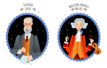 History of Austria. Portraits of famous people. Sigmund Freud, Wolfgang Amadeus Mozart.