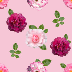 Seamless pattern with different flowers of roses on  pink background.