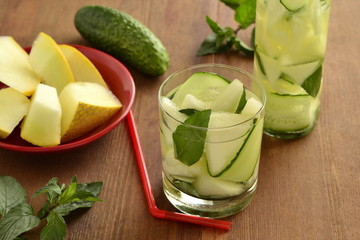 Refreshing drink with cucumbers, melons and mint, detox