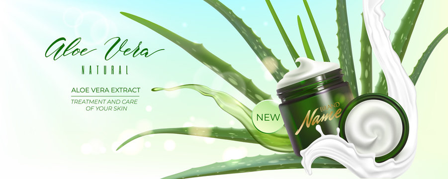 Design advertising poster of cosmetic product for catalog, magazine. Design of cosmetic package with aloe vera plant and water splash.Moisturizing cream, gel, body lotion with aloe vera extract.