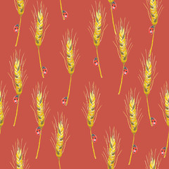 Acrylic drawn rye spikelets with ladybugs on red background, seamless pattern