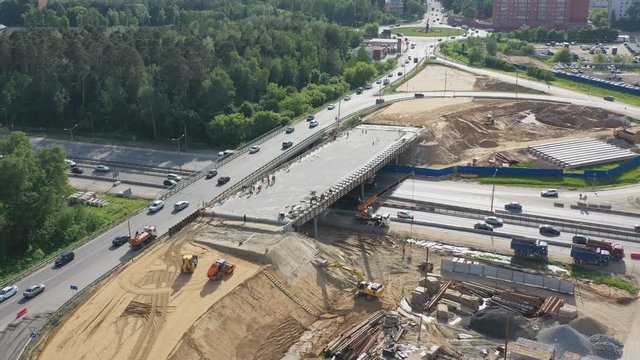 Aerial view of the construction of a road junction on a busy highway