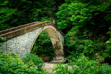 Fototapeta na wymiar Old historical stone bridge on river at black sea region camlıhemsin rize turkey.