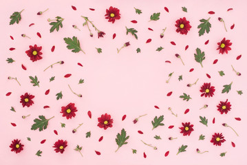 Fototapeta na wymiar Floral pattern made of red chrysanthemum, green leaves on pink background. Flat lay, top view. Valentines background. Pattern of flowers. Flowers pattern texture. Summer concept. Add your text.