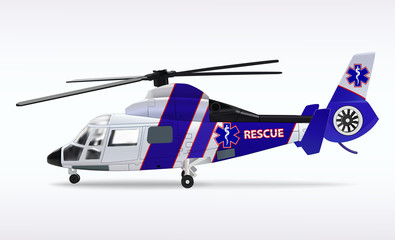 Ambulance helicopter. Medical sanitary aviation. Transport air rescue service. White and blue fuselage. Vector illustration.