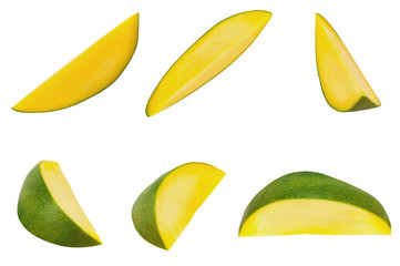 Set of pieces of fresh ripe mango isolated on white background. Clipping path.Top view