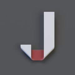 Origami paper font, folded ribbon font 3d rendering, letter J
