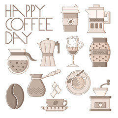 Coffee elements set with lettering in flat linear style.