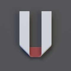 Origami paper font, folded ribbon font 3d rendering, letter U