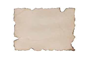 Single blank old dirty and burnt paper sheet isolated on white background