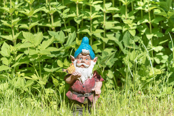 The figure of a garden gnome in the green grass. Copy space. Selective focus.