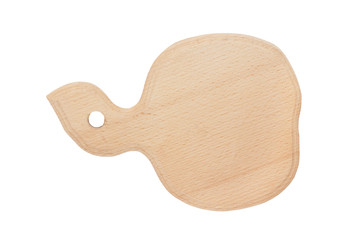 One new empty wooden handmade cutting board in form of fruit isolated on white background