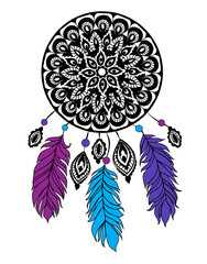 Stylized dream catcher with feathers and with patterns