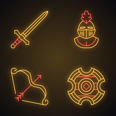 Medieval neon light icons set